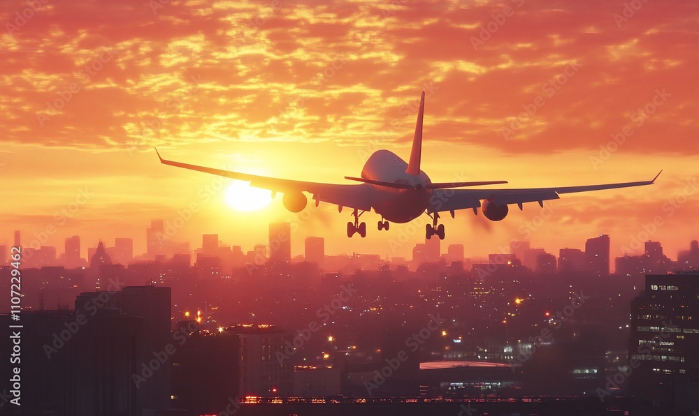 Airplane landing at sunset over a city skyline. Airplane landing at sunset over a city skyline.