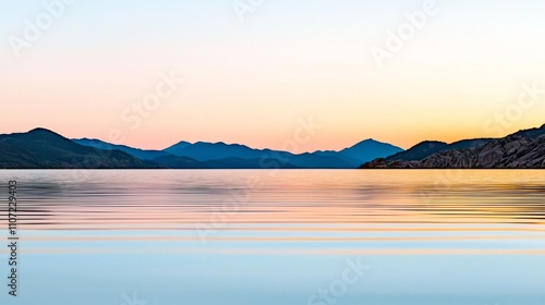 Wallpaper Mural A serene landscape featuring calm waters reflecting pastel skies and distant mountains at sunset. Torontodigital.ca