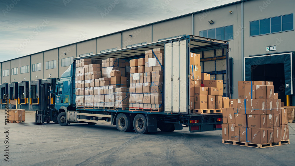 Naklejka premium Boxes packed and loaded onto a large truck outside the warehouse, ready for shipment, highlighting efficient logistics and transportation in a busy industrial setting.