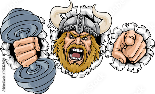 An angry Viking personal trainer cartoon character holding weight lifting dumbbell and pointing sports team gym mascot illustration.