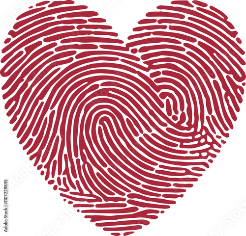 A red fingerprint shaped as a heart. Represents unique love and identity