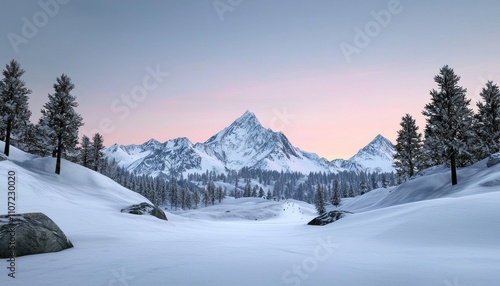 A serene winter landscape featuring snow-covered mountains, evergreen trees, and a pastel sky at dawn.