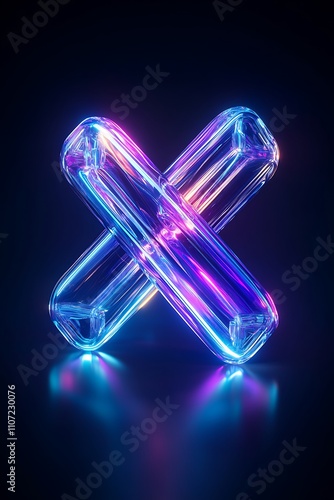 Neon X shape with glowing light reflections on a dark background in a modern abstract style
