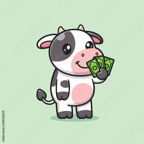 Cute Cartoon Cow Holding a Lot of Money Vector Icon Illustration. Animal Business Icon Concept Isolated Premium Vector. Flat Cartoon Style.