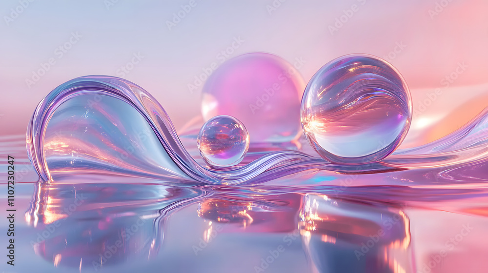 Abstract 3D scene with a transparent glass ribbon on water and floating geometric circles and spheres. Abstract 3D scene with a transparent glass ribbon on water and floating geometric circles and spheres.