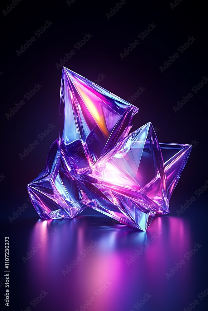 Stunning Abstract Glass Sculpture with Colorful Reflections and Vibrant Neon Lights in Dark Background Stunning Abstract Glass Sculpture with Colorful Reflections and Vibrant Neon Lights in Dark Background