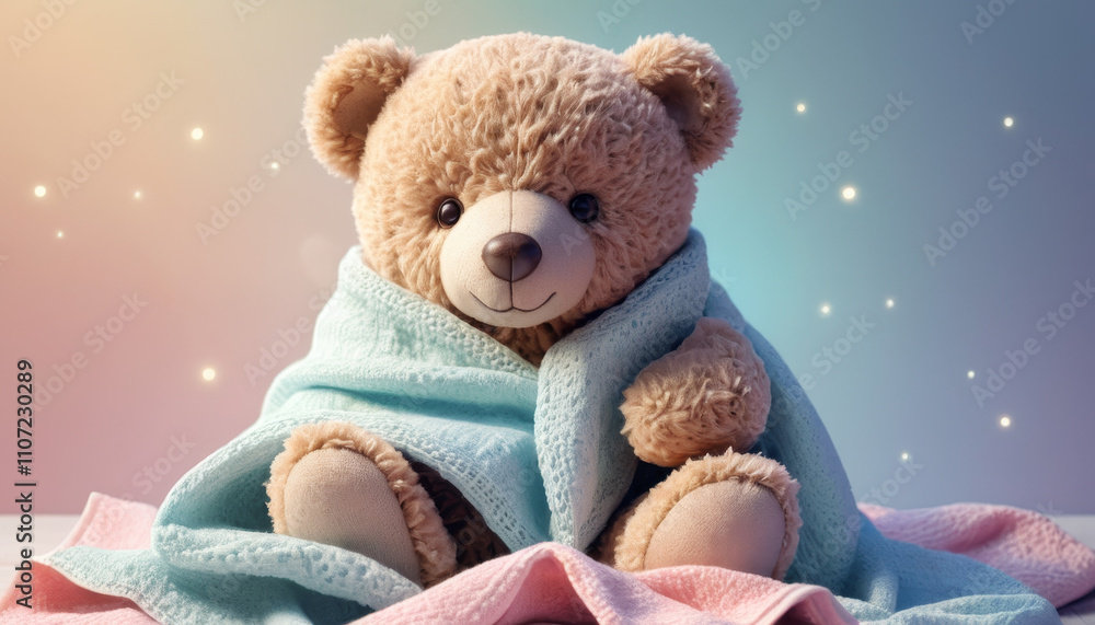 Teddy bear wrapped in a blanket, feeling cozy, with soft glowing background, comforting scene Teddy bear wrapped in a blanket, feeling cozy, with soft glowing background, comforting scene