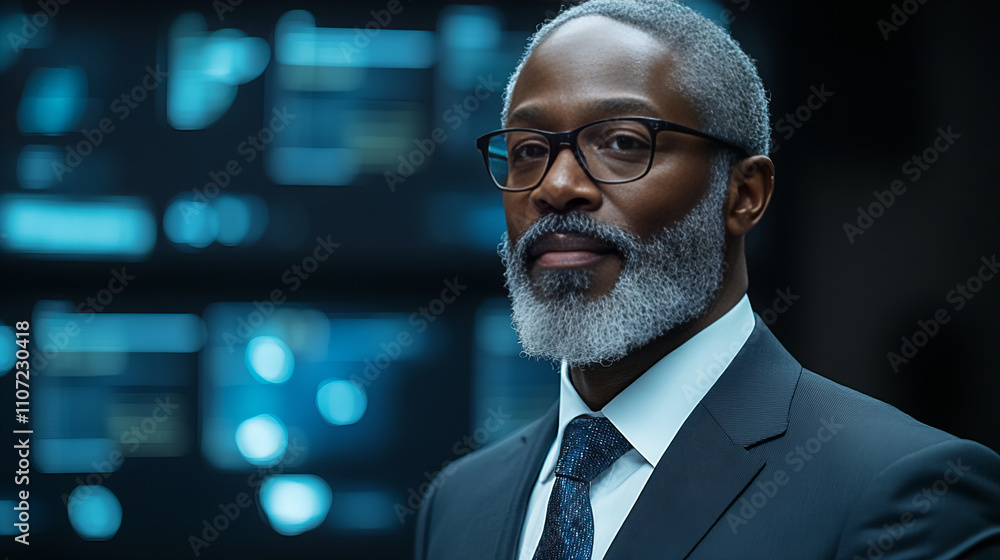 confident professional in suit stands in front of digital screens, exuding expertise and focus. background features glowing data displays, suggesting high tech environment confident professional in suit stands in front of digital screens, exuding expertise and focus. background features glowing data displays, suggesting high tech environment