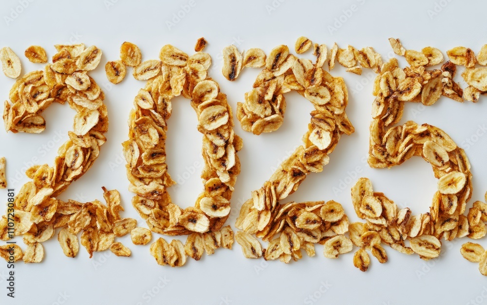 2025 Made of Dried Banana Chips  Numbers arranged with crunchy banana chips in soft yellow hues. Sweet and tropical, white background.