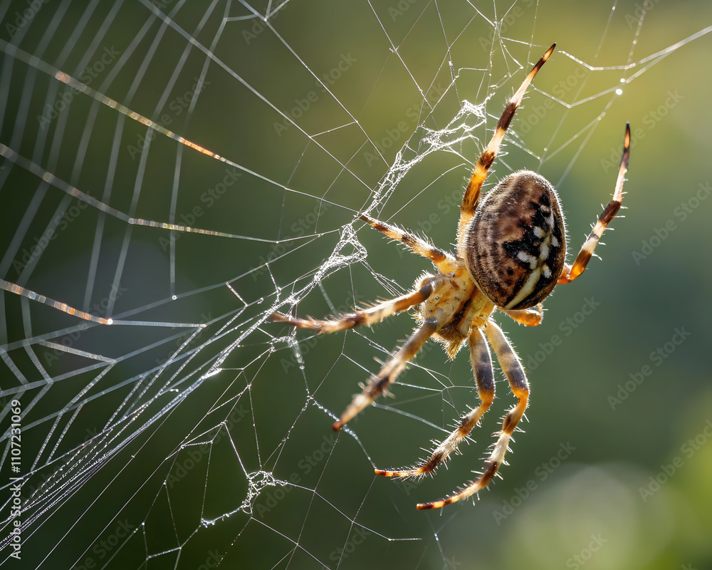 Close-up of garden spider on intricate web in natural setting. Close-up of garden spider on intricate web in natural setting.