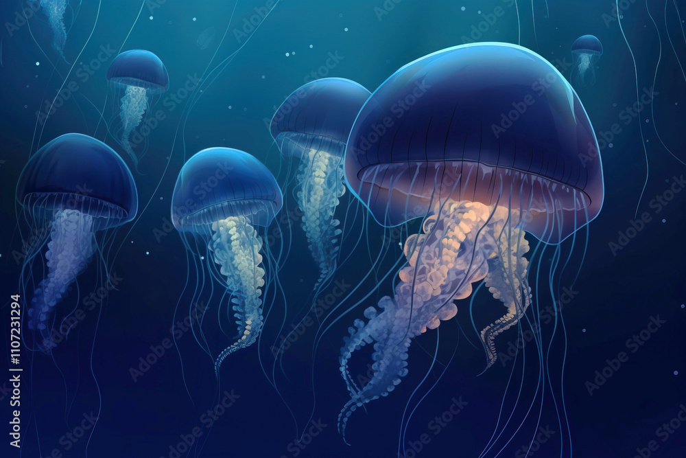 Fototapeta premium Group of rare colored jellyfish close-up, dark background. AI generated.