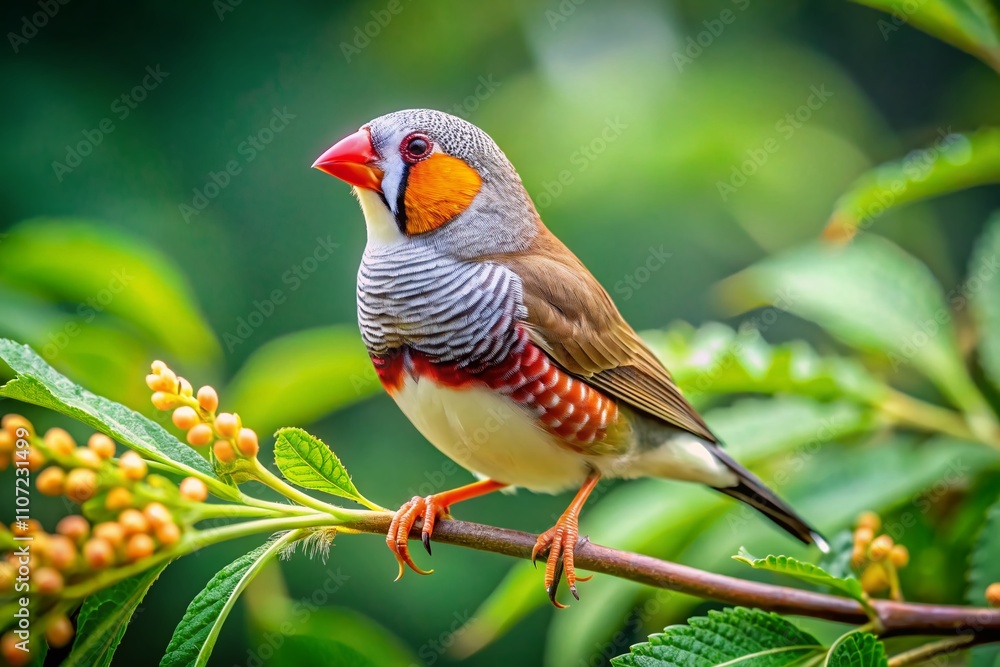 Vibrant Zebra Finch Perched Gracefully on a Tree Branch in a Lush Green Environment, Showcasing the Beauty of Exotic Birds in Nature Vibrant Zebra Finch Perched Gracefully on a Tree Branch in a Lush Green Environment, Showcasing the Beauty of Exotic Birds in Nature