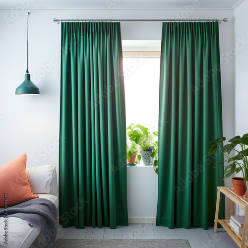 Heavy fabric curtains in modern bedroom, white walls and wooden furniture, miminal interior design