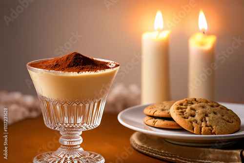 A glass of creamy Eierlikoer served in an elegant crystal glass, with a dusting of cocoa powder on top, sitting next to a plate of freshly baked cookies, the background is softly lit with candles photo