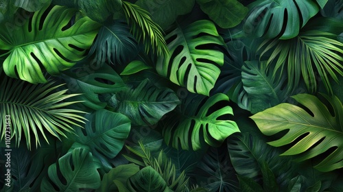 A lush collection of vibrant green tropical leaves creating a rich texture and depth.