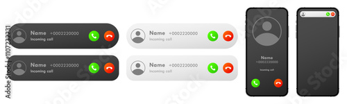 Smartphone Incoming Call Notification Screen UI Template Set. Mobile Phone Accept Decline Buttons User Interface Vector Illustration