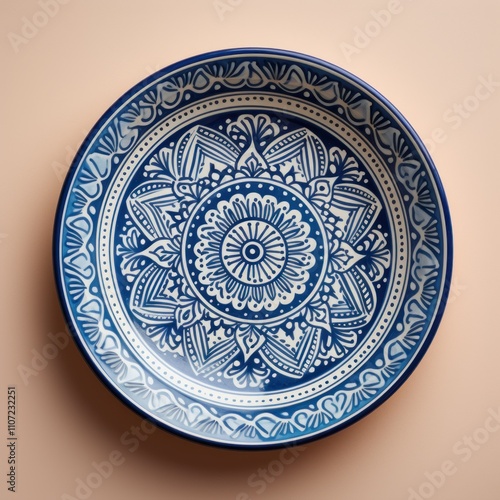 Decorative Moroccan ceramic hand painted plate, handmade, isolated, closeup top view.