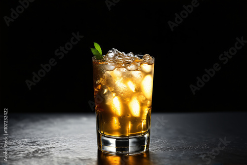 A glass of Eierlikoer cocktail against a sleek black background, with the drink glowing softly in the light photo