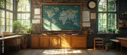 Sunlit vintage classroom with world map, desks, and plants.