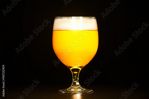 An Eierlikoer glass on a smooth black background, the drink has a creamy texture and a bright eggy color photo