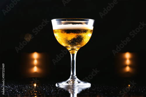 An Eierlikoer glass on a black background, the golden hue of the liqueur and the clear drink photo