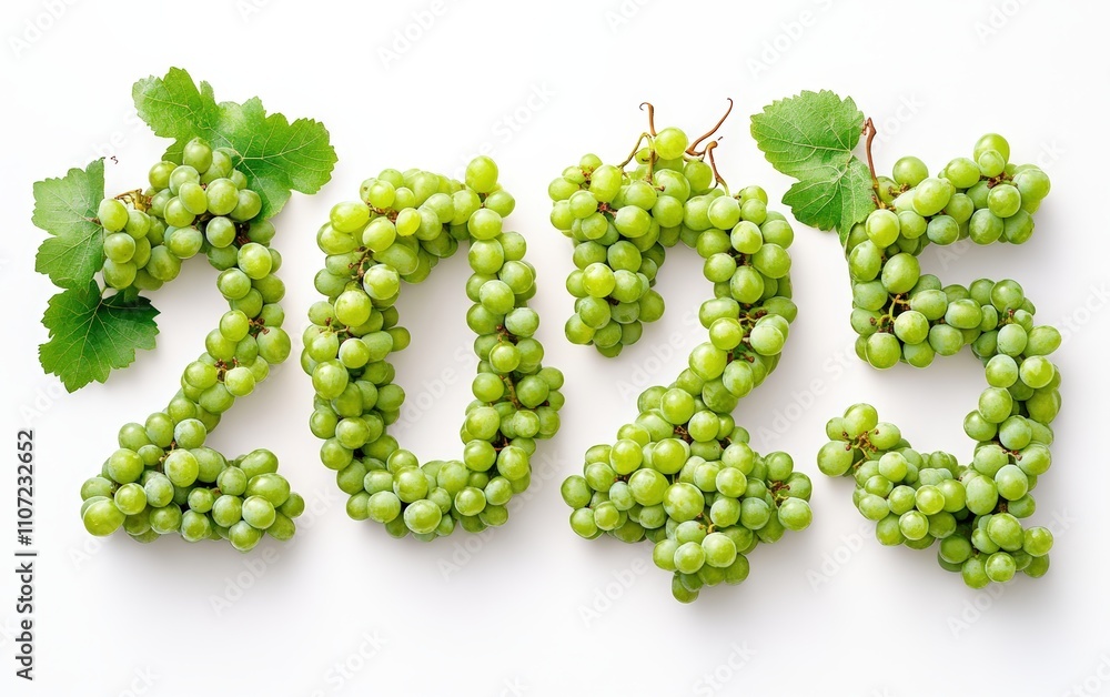 2025 Made of Green Grapes Numbers styled with clusters of fresh green grapes, neatly placed. Refreshing and natural, white background. 2025 Made of Green Grapes Numbers styled with clusters of fresh green grapes, neatly placed. Refreshing and natural, white background.