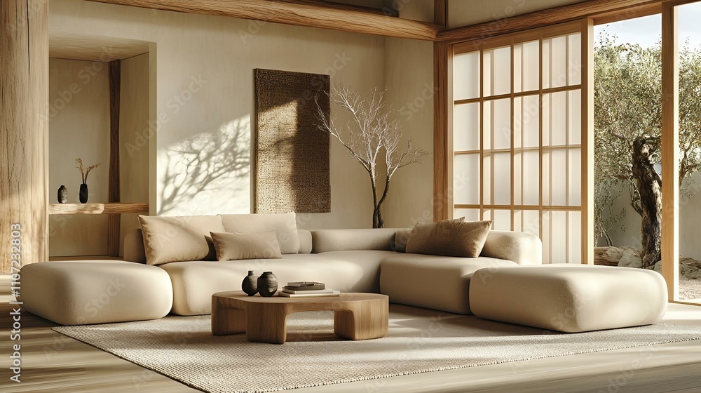 Modern Japandi living room, minimalist decor, neutral palette, low-profile furniture, and natural materials in a serene setting Modern Japandi living room, minimalist decor, neutral palette, low-profile furniture, and natural materials in a serene setting