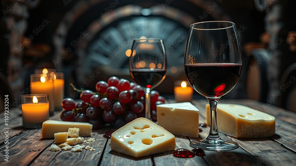 Elegant Wine and Cheese Setup in a Dimly Lit Cellar - Rustic Ambiance Photography Elegant Wine and Cheese Setup in a Dimly Lit Cellar - Rustic Ambiance Photography
