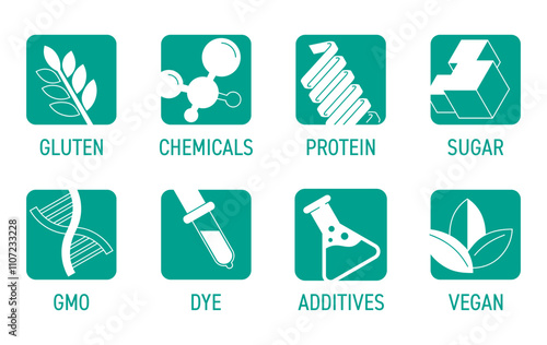 Icons set of additives for labeling, in square shape with negative space