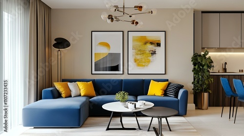 Wallpaper Mural Modern living room in Scandinavian style, vibrant blue sofa, yellow accents, beige wall, and a simple framed poster for elegance Torontodigital.ca