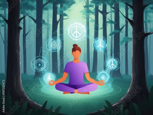 A Person Meditating in a Forest with Floating Lights photo