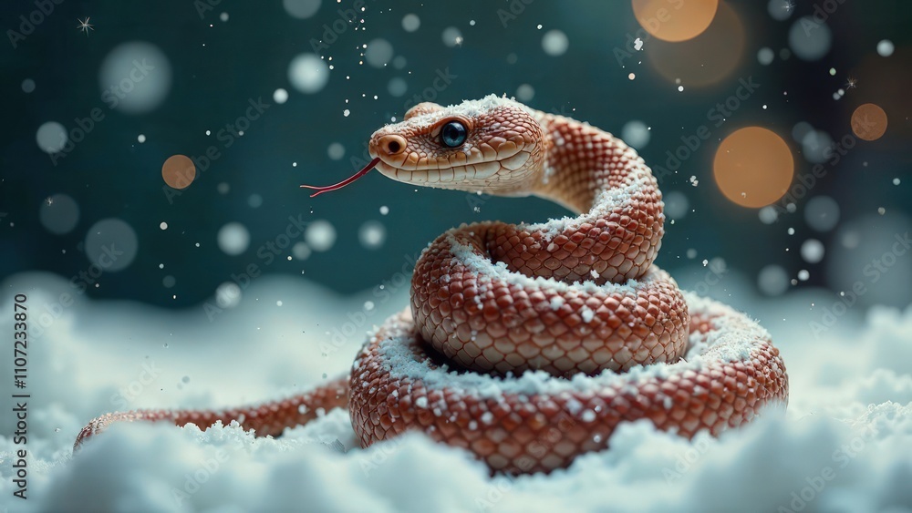 Red snake wrapped around the snow ball against the background of snowy nature. Winter snowball fight concept. Symbol of the new year according to the eastern calendar. Fairytale character. Card Red snake wrapped around the snow ball against the background of snowy nature. Winter snowball fight concept. Symbol of the new year according to the eastern calendar. Fairytale character. Card