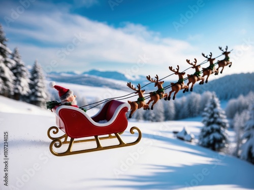 Flying Toy Sleigh with Tiny Reindeer Soaring Through a Magical Winter Sky photo