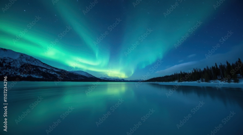 Frozen Lake Reflecting the Aurora Borealis Under a Starry Night Sky Frozen Lake Reflecting the Aurora Borealis Under a Starry Night Sky