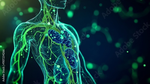 An abstract illustration of the human lymphatic system with highlighted lymph nodes and vessels in vivid colors against a dark background, macro shot, Minimalist style