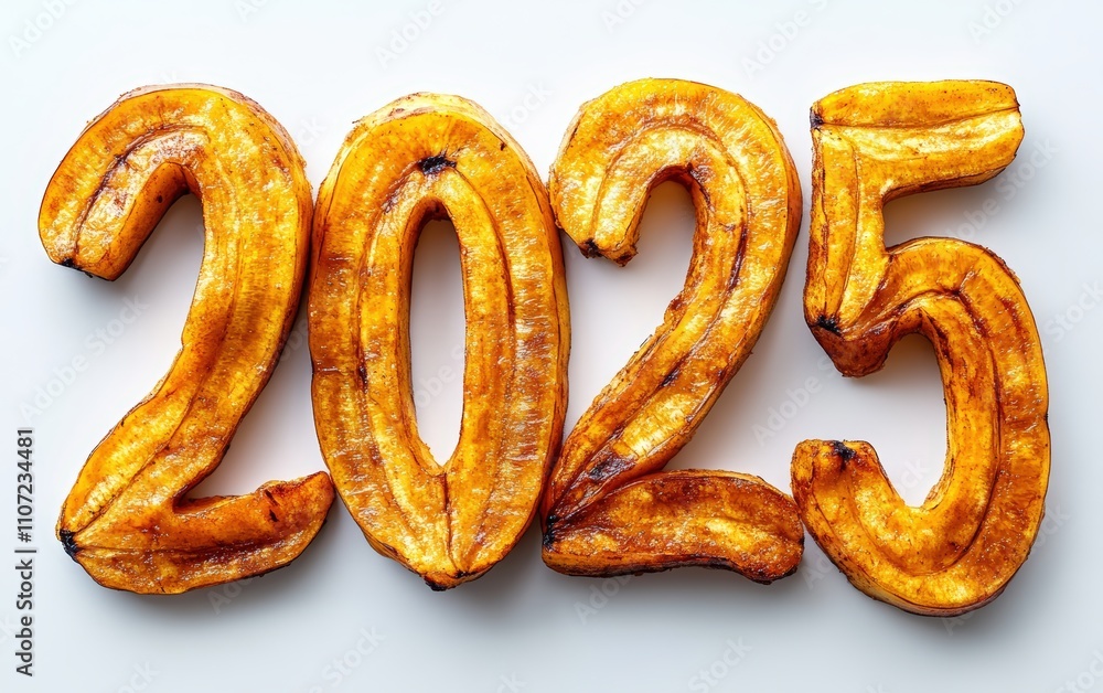 2025 Made of Fried Plantains Numbers crafted with golden, crispy fried plantain slices. Tropical and comforting, white background. 2025 Made of Fried Plantains Numbers crafted with golden, crispy fried plantain slices. Tropical and comforting, white background.