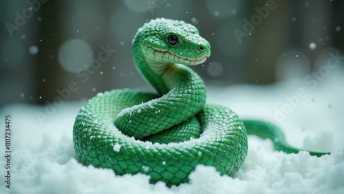 A coiled green snake against a winter snowy background. Symbol of New Year according the Eastern calendar. Fear and snakephobia concept. A dangerous reptile. Poisonous animal photo