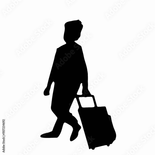 man walking with travel suitcase black silhouette isolated on white background