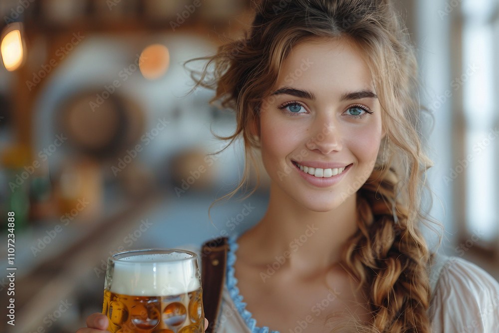 Generative AI Image of Oktoberfest Waitress with Traditional Beer Flower Crown service customers folks Generative AI Image of Oktoberfest Waitress with Traditional Beer Flower Crown service customers folks