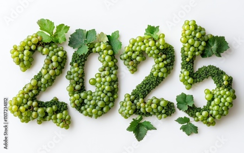 Wallpaper Mural 2025 Made of Green Grapes  Numbers styled with clusters of fresh green grapes, neatly placed. Refreshing and natural, white background. Torontodigital.ca