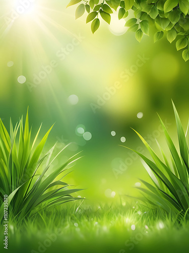 A fresh spring sunny garden background of green grass and blurred foliage bokeh,sky, sunlight, plant, illustration, vector, day, green color, lawn,