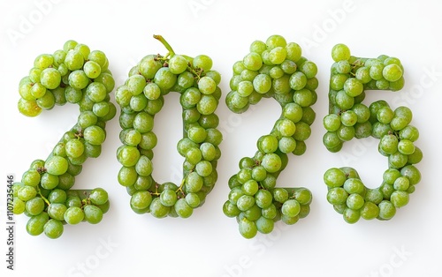 2025 Made of Green Grapes Numbers styled with clusters of fresh green grapes, neatly placed. Refreshing and natural, white background.