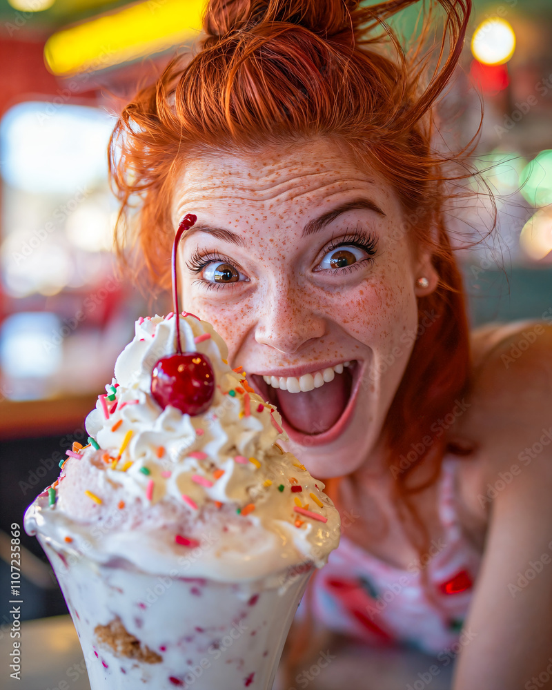 A happy red hair girl with joyful expression in front of an Ice Cream cup A happy red hair girl with joyful expression in front of an Ice Cream cup