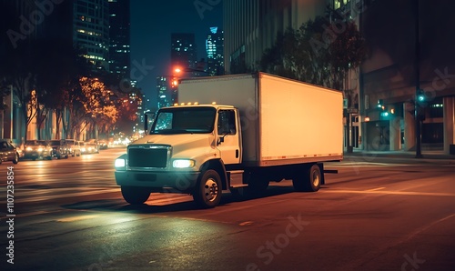 White Delivery Truck Driving Through City At Night photo