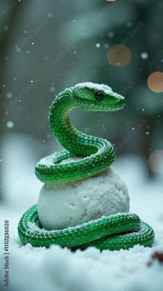 Fototapeta premium Snowman with a green snake head against the background of snowy nature. Winter snowball fight concept. Symbol of the new year according to the eastern calendar. Fairytale character. New Year's card