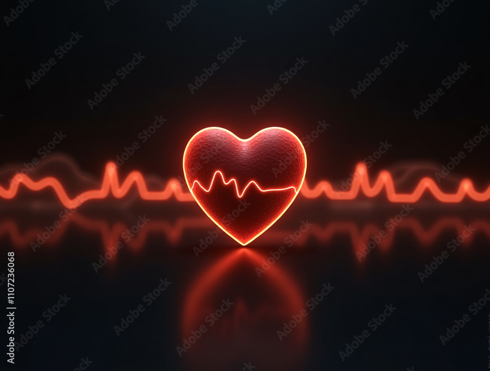 Futuristic Red Heart Symbol with a Pulsing Neon Glow and Electrocardiogram Line Reflecting on a Dark Surface” Futuristic Red Heart Symbol with a Pulsing Neon Glow and Electrocardiogram Line Reflecting on a Dark Surface”