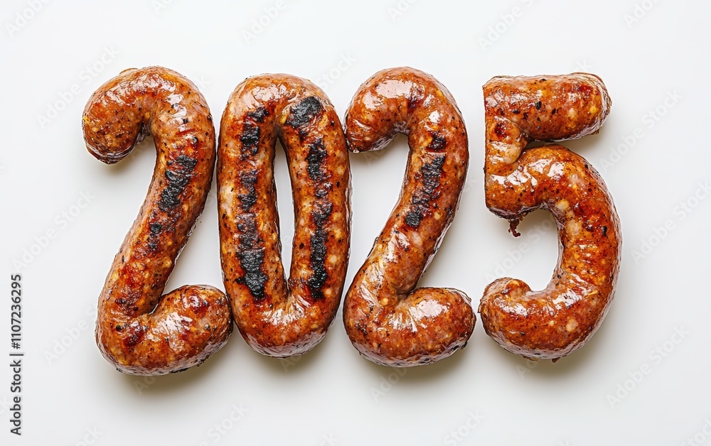 2025 Made of Sausage Links Numbers formed with coiled sausage links, lightly grilled and glistening. Savory and hearty, white background. 2025 Made of Sausage Links Numbers formed with coiled sausage links, lightly grilled and glistening. Savory and hearty, white background.