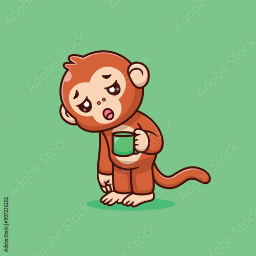 Cute Cartoon Tired Monkey Holding a Cup of Drink Vector Icon Illustration. Animal Drink Icon Concept Isolated Premium Vector. Animals Cartoon Style