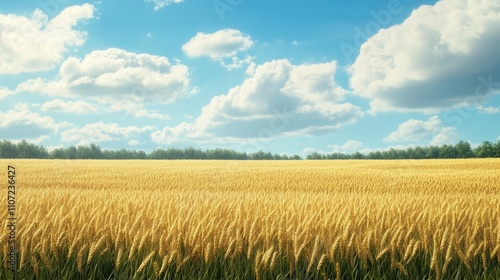 Golden wheat field under a bright blue sky with fluffy clouds.