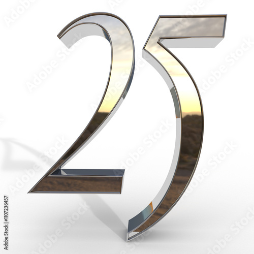 Isolated Logo of Silver Jubilee Anniversary. Gold Metallic Three Dimensional Alphabet 25. 3D Render Illustration.